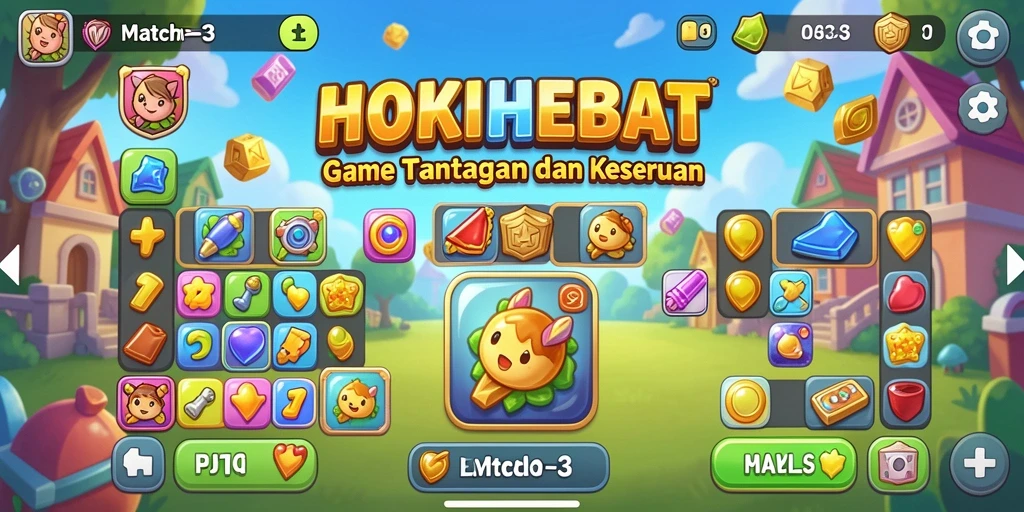 Screenshot HOKIHEBAT menampilkan gameplay Match-3 yang seru dan penuh warna.