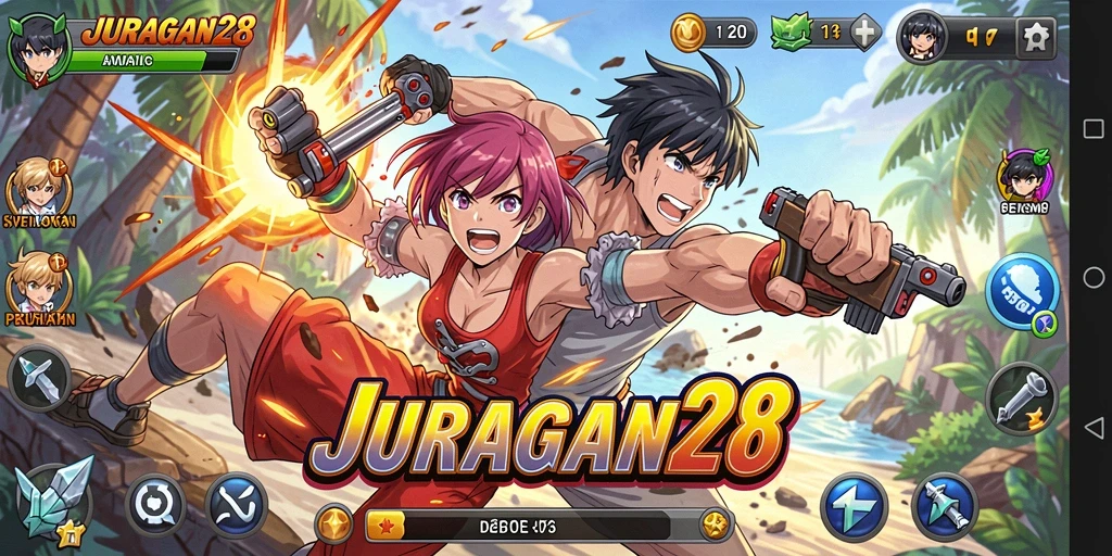 Screenshot gameplay JURAGAN28 menampilkan karakter anime yang sedang bertarung.