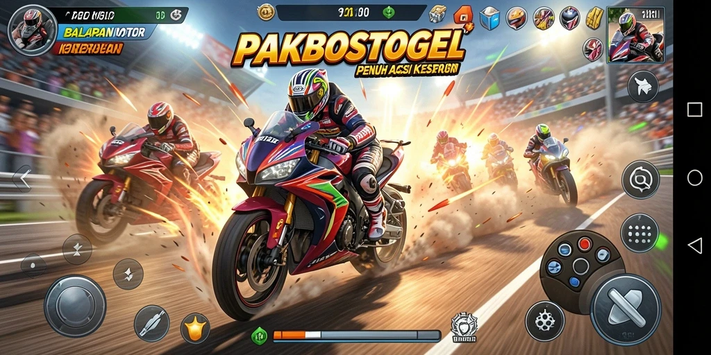 Screenshot gameplay PAKBOSTOGEL menampilkan aksi balapan motor yang mendebarkan.