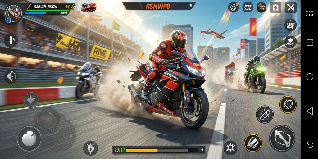 Gameplay seru RSNVIP8 dengan balapan motor cepat.