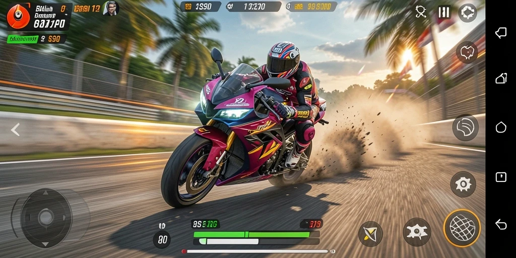 Tampilan gameplay S80 dengan sepeda motor yang melaju kencang.